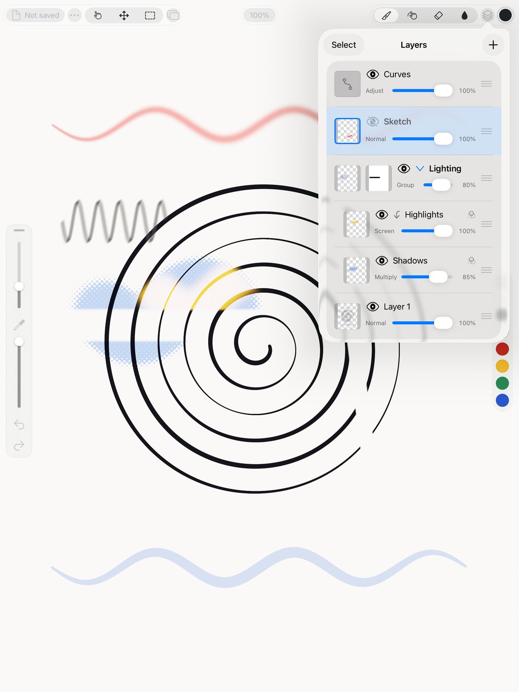 Rindraw on iPad, with the Layers panel open showing groups, masks and adjustment layers