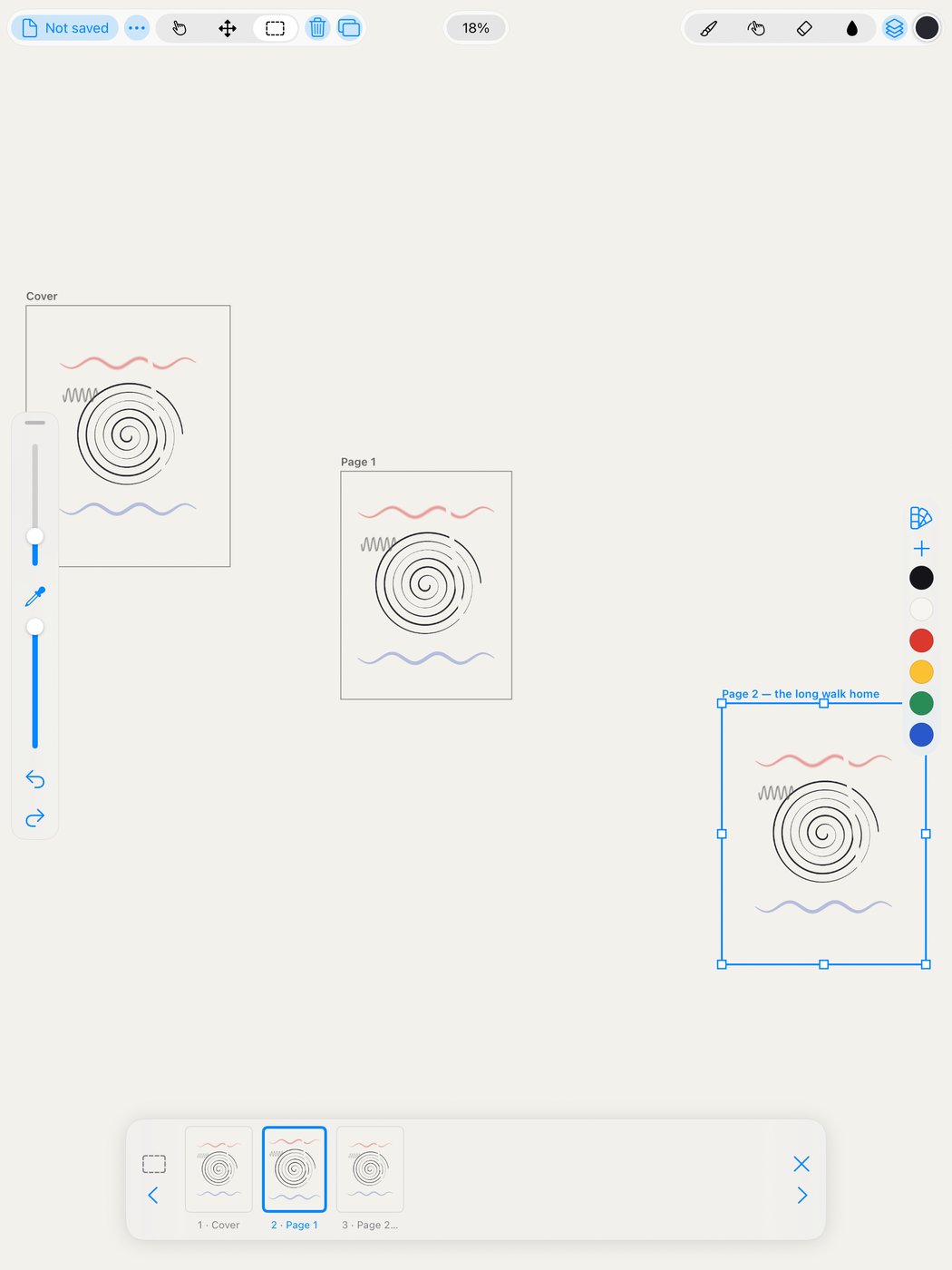 Three pages laid out as frames on the canvas, with the page strip along the bottom